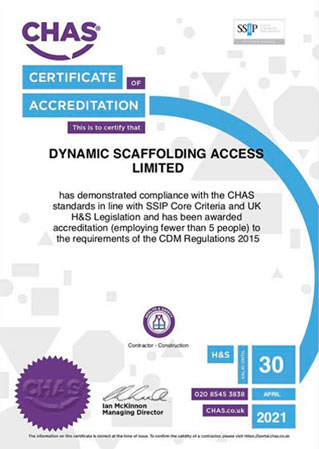 Chas Certificate Accreditation - Dynamic Scaffolding Access